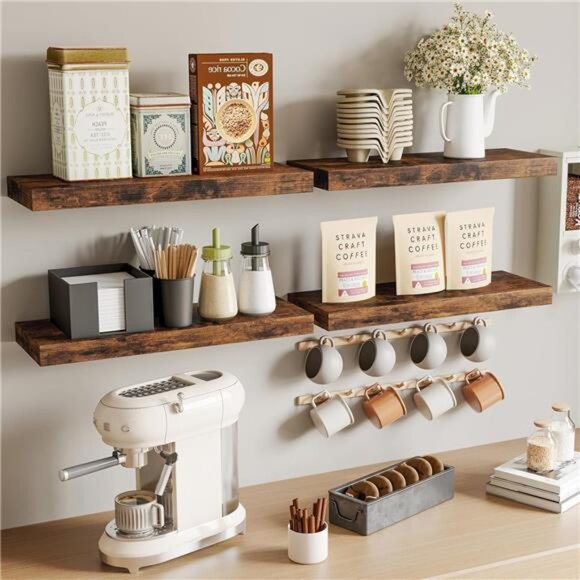 15.8in Floating Shelves, Rustic Wood Finish Wall Shelves Set of 4 - Picture 7 of 8